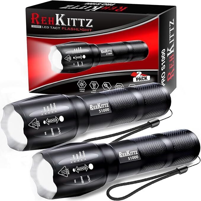 REHKITTZ Torcia super Luminosa Portatile LED (Confezione da 2), 2000 Lumen torcia elettrica.