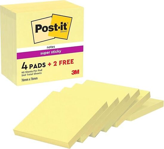 Post-It Foglietti Adesivi Super Sticky, Canary Yellow, 90 foglietti/blocchetto, 4+2