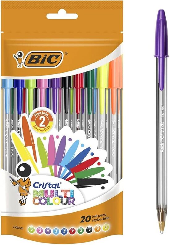 BIC Penne Colorate a Sfera, punta larga (1.6 mm), Confezione da 20 penne.