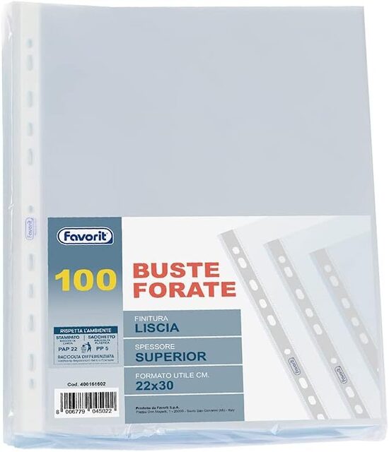 Favorit Buste Perforate, Lucide, alto spessore, 22 x 30 cm, 100 pezzi, Trasparenti.