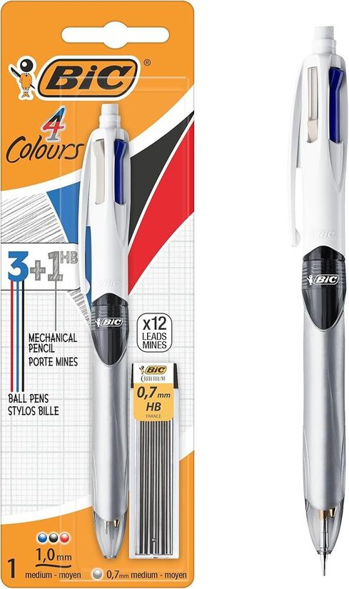 BIC 4 Colori, Penna a sfera Multicolore con Matita Grafite, con 3 Inchiostri (Nero, Blu, Rosso) e 1 Matita Meccanica HB