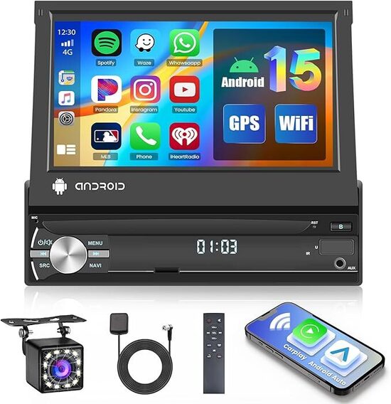Autoradio 1 Din Android 15 GPS Hikity Stereo Auto Bluetooth con Schermo 7 Pollici Estraibile Touchscreen