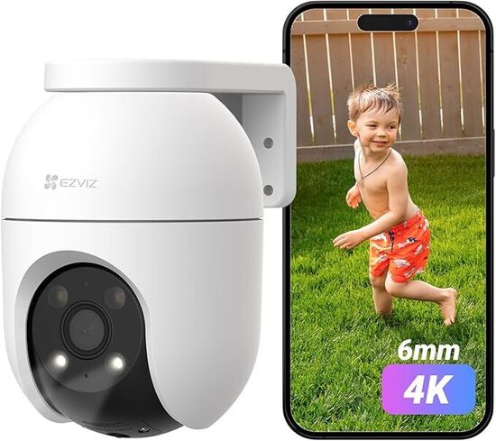 EZVIZ Telecamera WiFi Esterno 4K, Telecamera Motorizzata per Esterni con Copertura a 360ยฐ, Visione Notturna a Colori, Rilevamento di Persone/Veicoli, Tracciamento Zoom Auto, C8c 8MP(6mm)