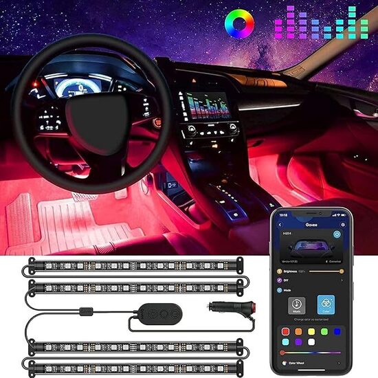 Govee Striscia LED Auto con APP, 4pcs 22cm Luci LED Interne per Auto con 9 Colori multicolore - 12V.