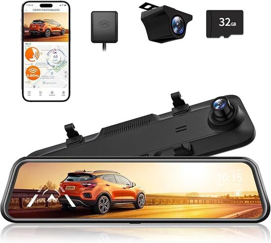 WOLFBOX 2.5K G840H 12'' Dash Cam Specchietto con ADAS e BSD, 5.8GHz WiFi Specchietto Retrovisore con Telecamera