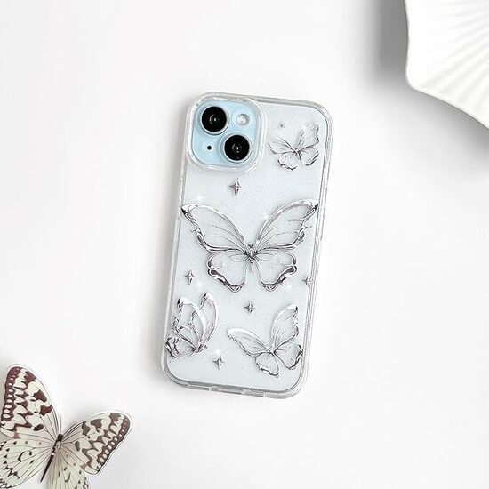 Cover per iPhone 15 a forma di Farfalla - Design Glitter per Donna.