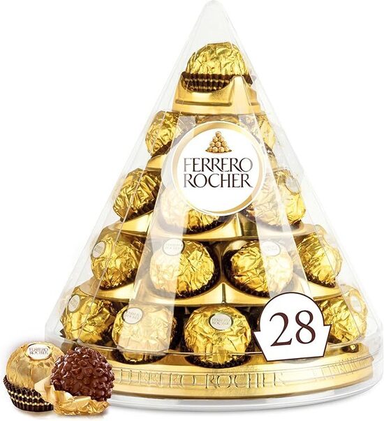 Ferrero Rocher - 28 Specialità al Cioccolato al Latte e Nocciola, Scatola Natalizia a Piramide Ottimale come Regalo o Centrotavola per le Cene di Natale, 350 gr