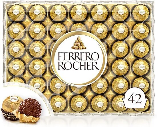 Ferrero Rocher - 42 Specialità al Cioccolato al Latte e Nocciola, Racchiuse in una Elegante Scatola Natalizia, Idea Regalo Natale, Compleanno e Anniversario, Confezione da 525 gr